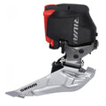 SRAM Rival eTap AXS Umwerfer Anlöt in Schwarz, Rot und Silber für präzise Funk-Schaltung am Fahrrad.