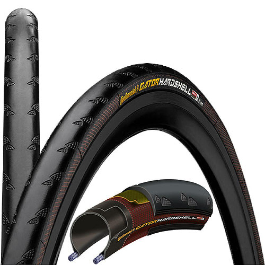 Continental Gator Hardshell Rennradreifen 700x23C, schwarz, mit maximalem Pannenschutz und Schnittansicht.