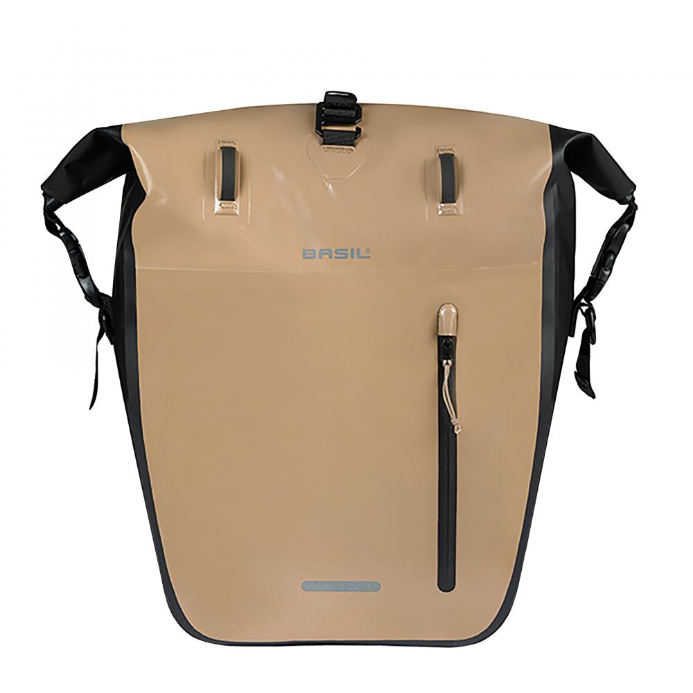 Basil Fahrradtasche Rivo L Einzeltasche 25-31L sand/schwarz, wasserdicht, mit MIK Hooks, große Gepäckträgertasche