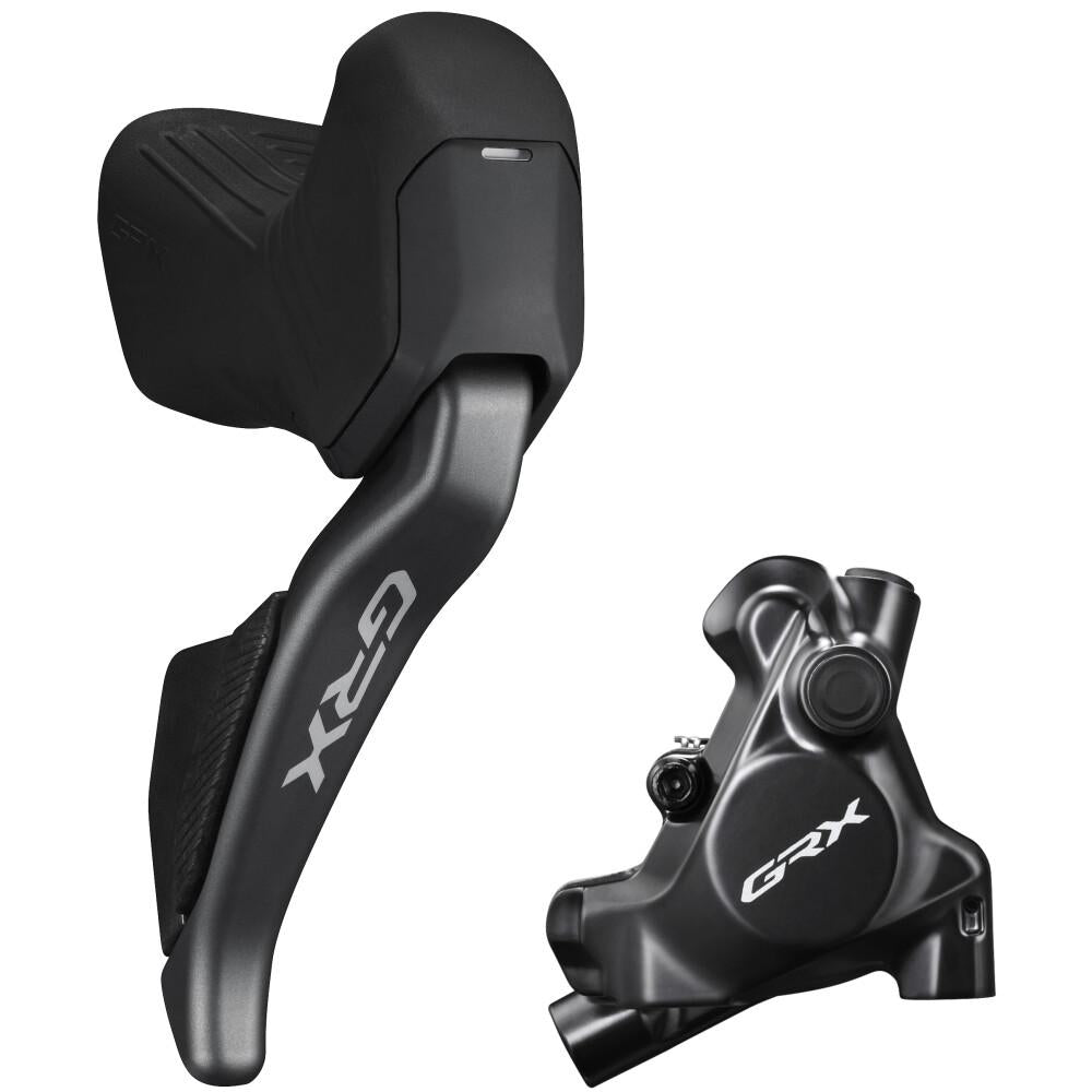 Shimano GRX Di2 RX825/RX820 HR programmierbare Scheibenbremse: Bremshebel und Bremssattel in Schwarz.