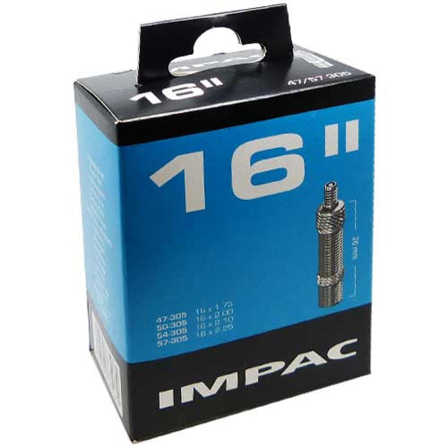 Impac Fahrradschlauch 16 Zoll, DV 26mm, ETRTO 47-57/305 auf Produktverpackung