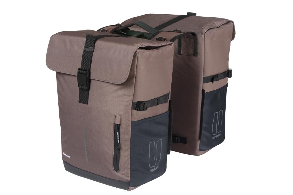 Basil Doppelpacktasche Move MIK 30 Liter braun - Doppeltasche mit MIK-Adapterplatte, wasserabweisendem recyceltem Polyester, Regenhülle & Reflektoren