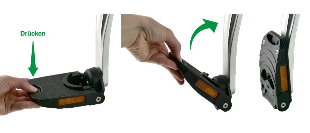 by.schulz Faltpedal Z.1, schwarz, aus Aluminium. Eine Hand demonstriert das Hochklappen des robusten Fahrradpedals.