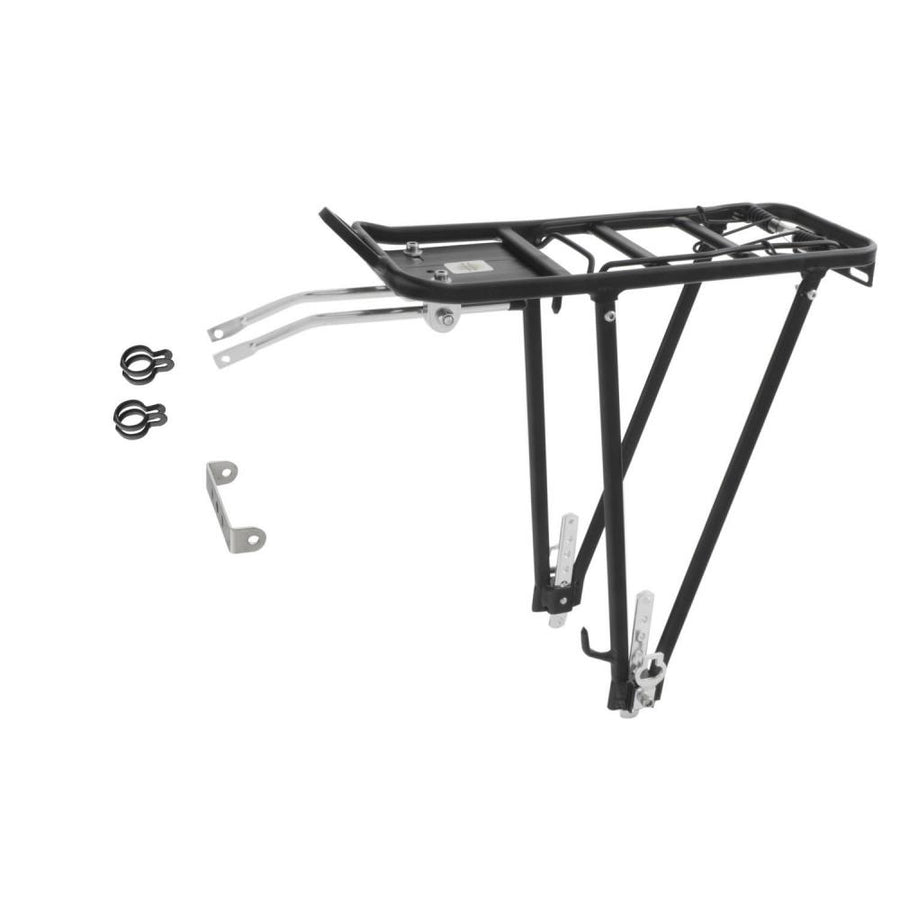 M-WAVE Alu-Gepäckträger Ventura 24-28 Zoll schwarz mit Federklappe, Pumpenhalter und Montageset, 25 kg Traglast.
