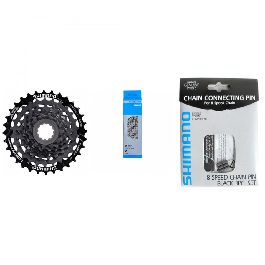 Shimano 7-fach Fahrrad Antriebsset mit Kassette CS-HG200, Kette CN-HG71 und Kettenstiften.