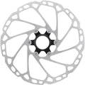 SHIMANO Bremsscheibe SM-RT64 203 mm Center Lock, silber, mit Verschlussring und Außenverzahnung.