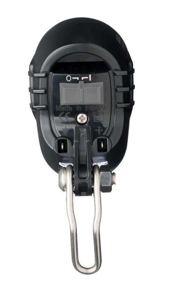 AXA Echo 15 E-Bike LED-Frontlicht, Rückseite mit "Made in France" Beschriftung, Schalter und Montagehalterung.