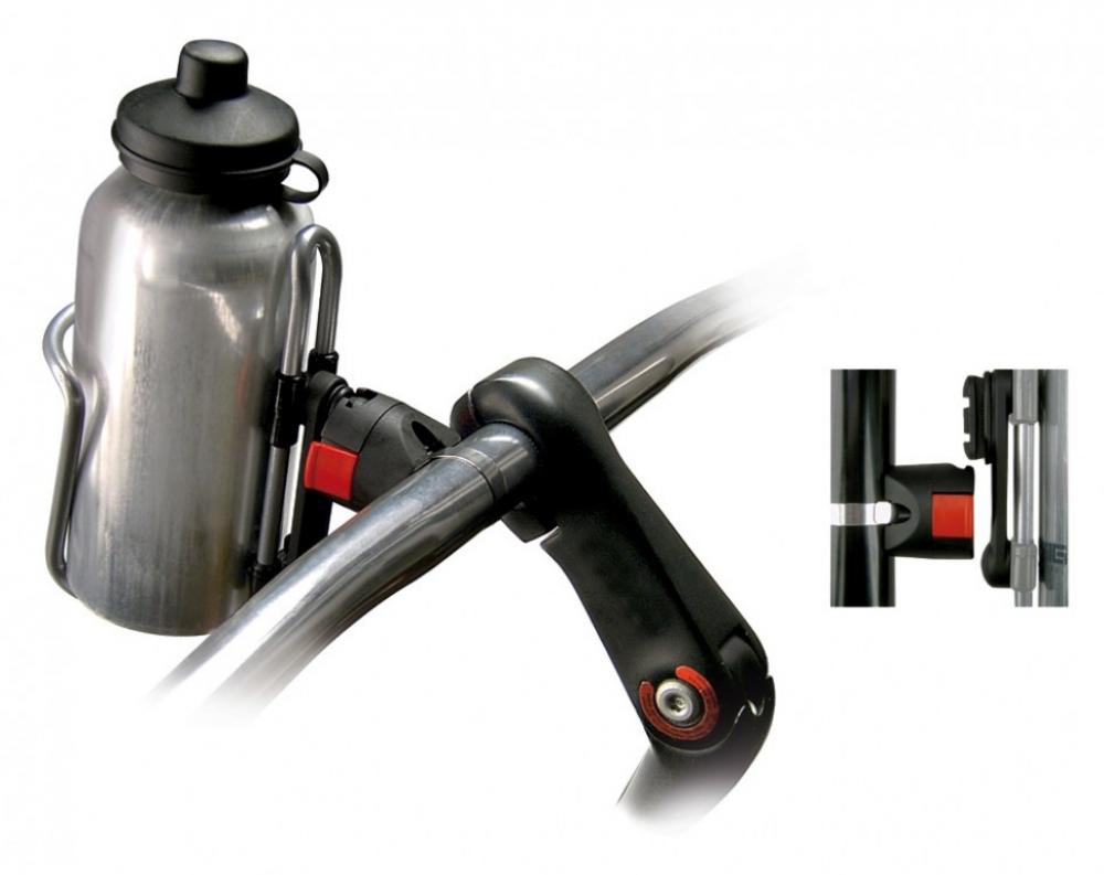 KlickFix Flaschenhalter-Befestigung Bottle-Klick am Fahrradlenker mit silberner Trinkflasche.