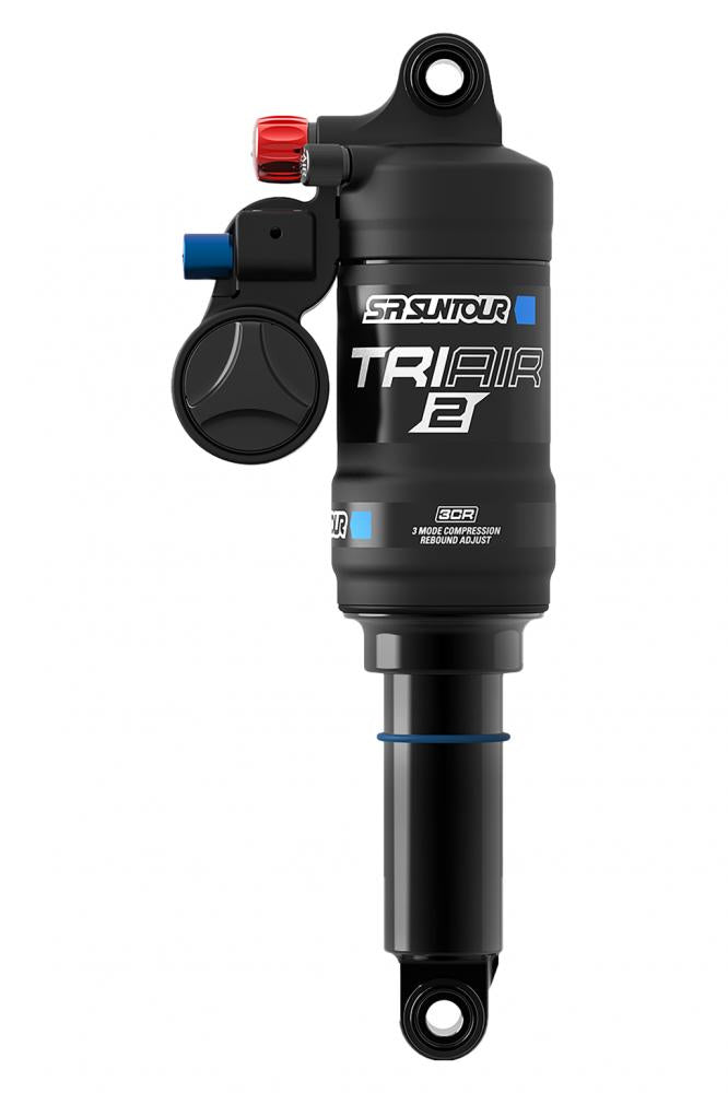 SR Suntour Dämpfer RS22 TRIAIR2 3CR 250x70mm Metric Fahrradfederbein schwarz mit roten und blauen Einstellern.