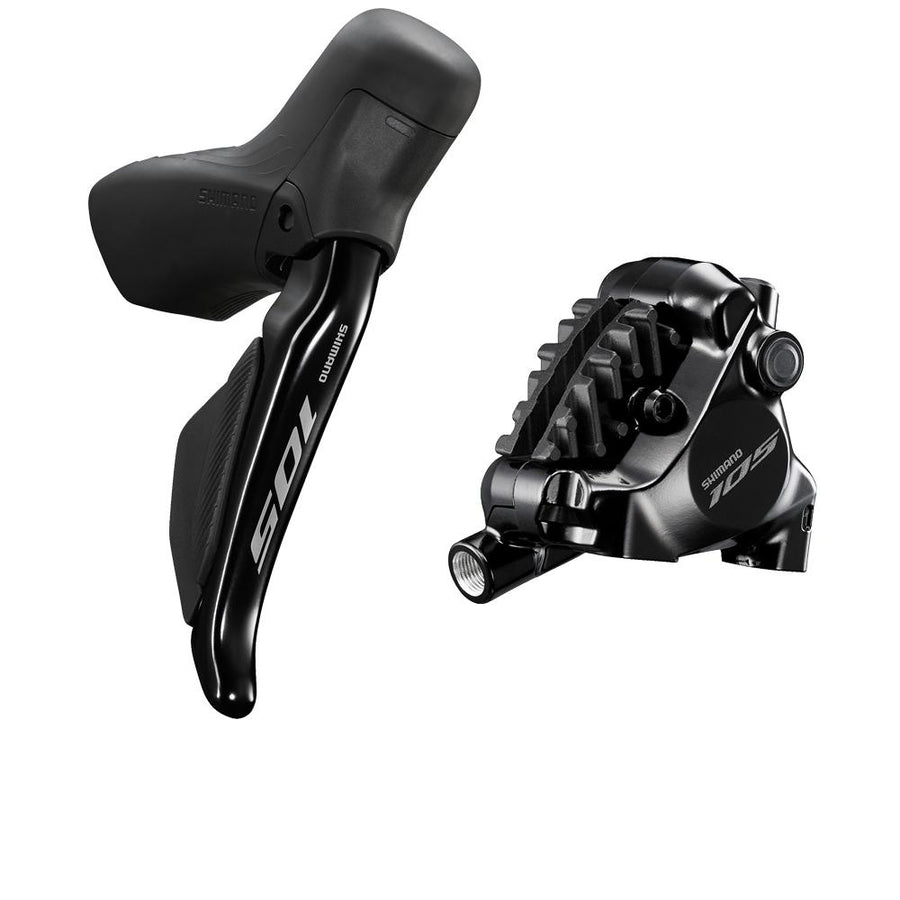 SHIMANO 105 R7170 HR hydraulische Rennrad-Scheibenbremse, Bremshebel und Bremssattel in Schwarz.
