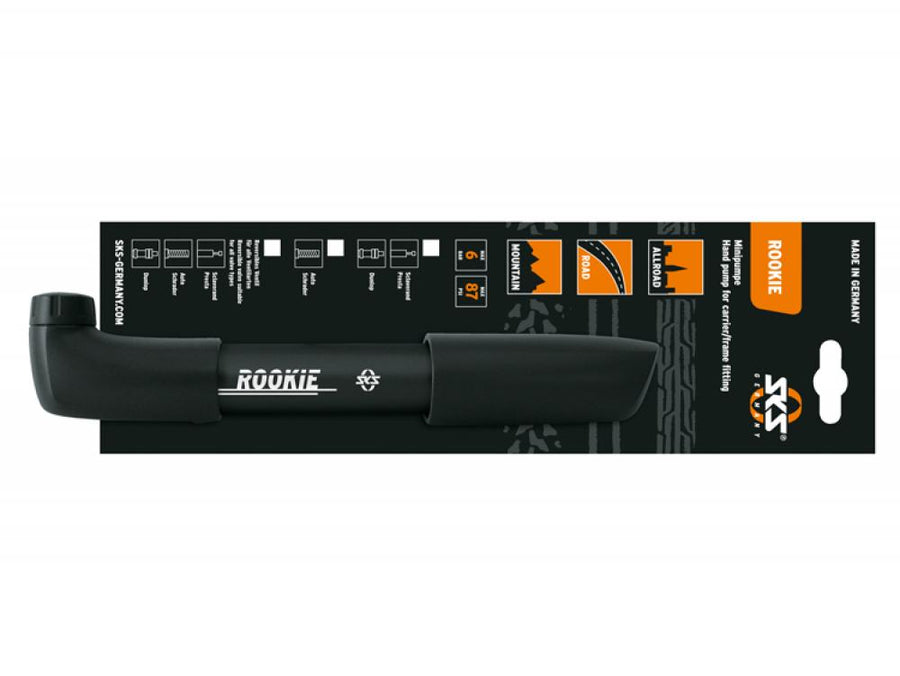 SKS Minipumpe Rookie schwarz, reversibel 305-320 mm, passend für DV/AV/SV Ventile, kompakt und leicht, ideal für unterwegs. Max. Druck 6 bar, robuste Qualität