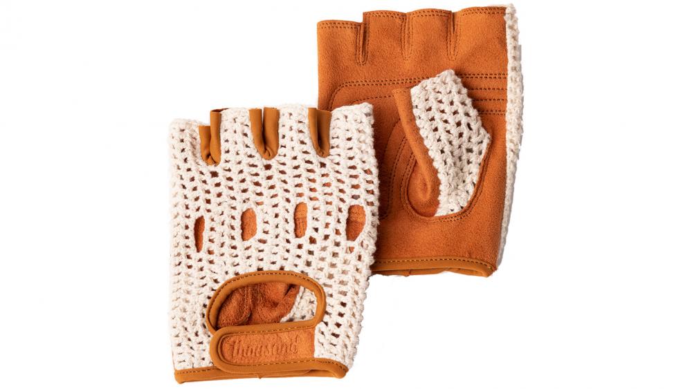Thousand Little 5 Fahrradhandschuhe Crème, Kurzfinger, Größe S, Vintage-Retro-Design, gehäkelte Baumwolle, veganes Amara-Wildleder, gepolstert, atmungsaktiv