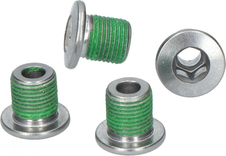 SHIMANO Kettenblattschrauben-Satz M8X8,5 (4 Stück), silber mit grüner Gewindesicherung, für Fahrräder.