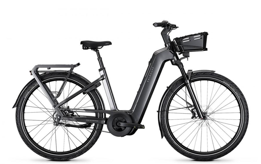 Kalkhoff IMAGE 5+ MOVE 29in Wave City-E-Bike in Diamantschwarz, komfortabel, mit Frontkorb und Gepäckträger.