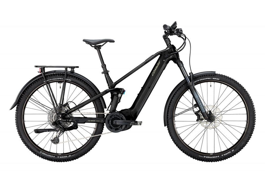 CONWAY Elektro-SUV "Xyron SUV 4.0" (#1), Full Suspension, 29", black, 12-Gang SHIMANO "Deore", 40 cm / SnnDas Elektro-SUV ist mit einem Aluminiumrahmen ausgestattet und verfügt über eine Federgabel mit einem Gabelfederweg von 150 mm. Im Rahmen ist ein Akk