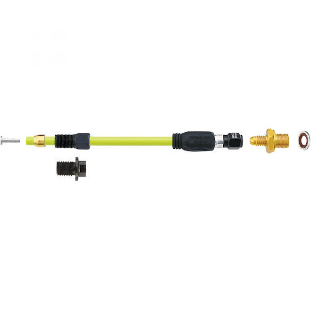 Jagwire Pro Quick-Fit Adapter Shimano Hydraulik-Anschlussset Schwarz/Gold mit gelbem Bremsschlauch und Fittings.