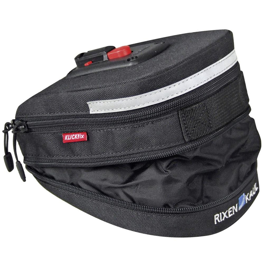 KLICKfix RIXEN KAUL Satteltasche Micro 200 Expandable schwarz, 1,5-2L, wasserdicht, Reflektor, inkl. Satteladapter.
