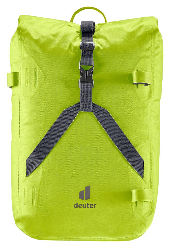 Deuter Amager 25+5 Fahrradrucksack in Citrus, wasserdicht, mit Rollverschluss und 25+5 Liter Volumen.