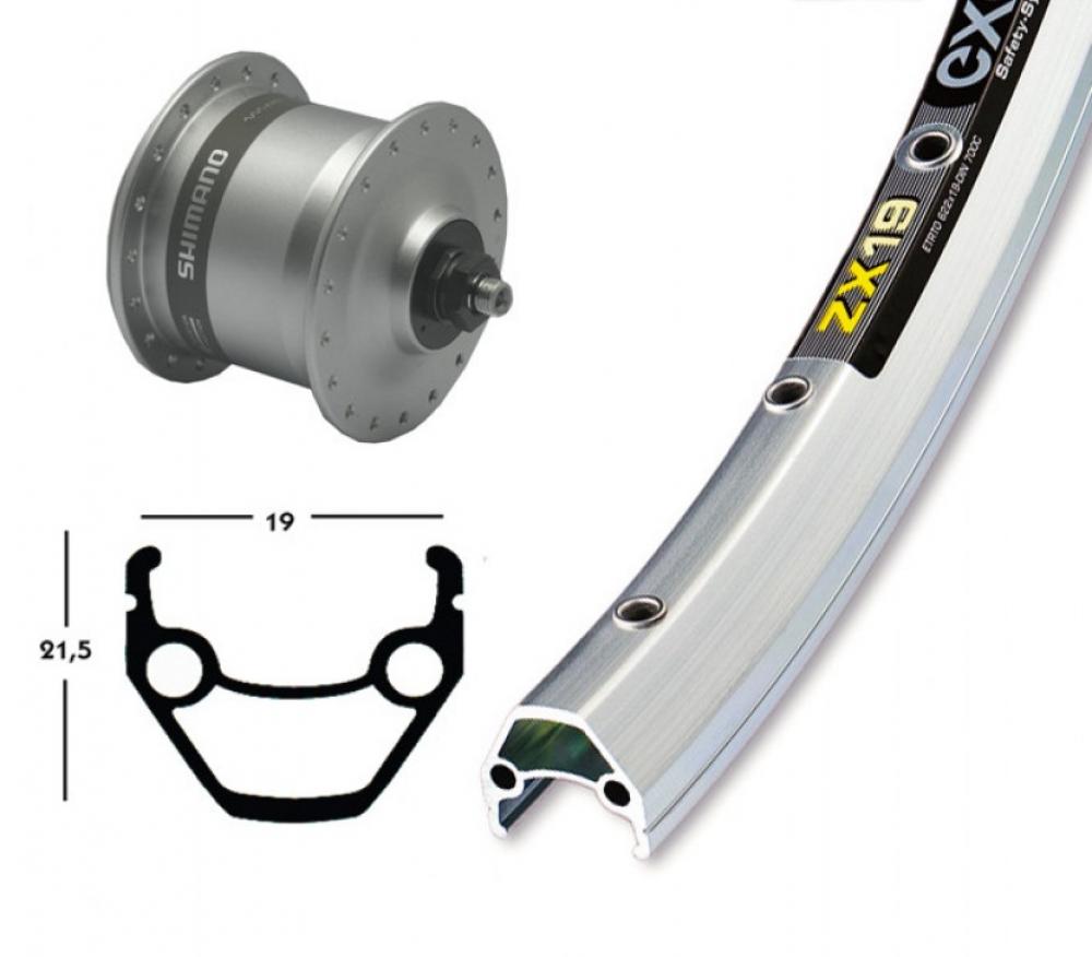 Bike-Parts Laufrad|Vorderrad 28x1.75 Zoll Nabendynamo DH-C3003 silber Schnellspanner 36-Loch Exal ZX 19 silber Nirosta-Speichen