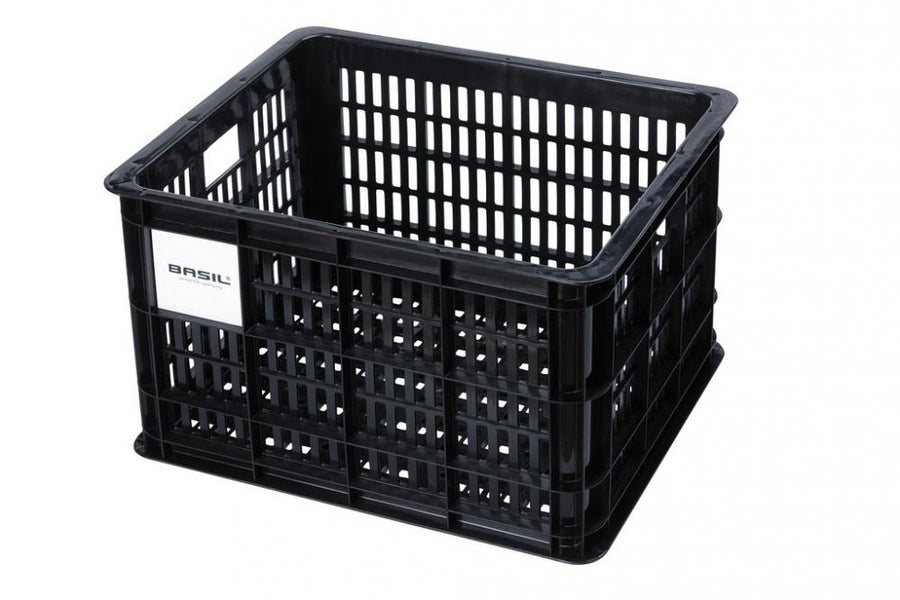 Schwarze Basil Crate M Fahrradkiste aus robustem Kunststoff, 29,5 Liter, 33x44x25 cm, für MIK-System geeignet.