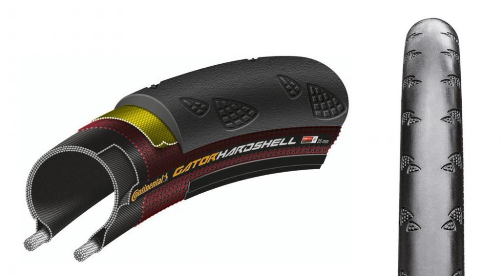 Continental Gator Hardshell Fahrradreifen schwarz Draht, Schnittbild mit inneren Schichten und Profilansicht.