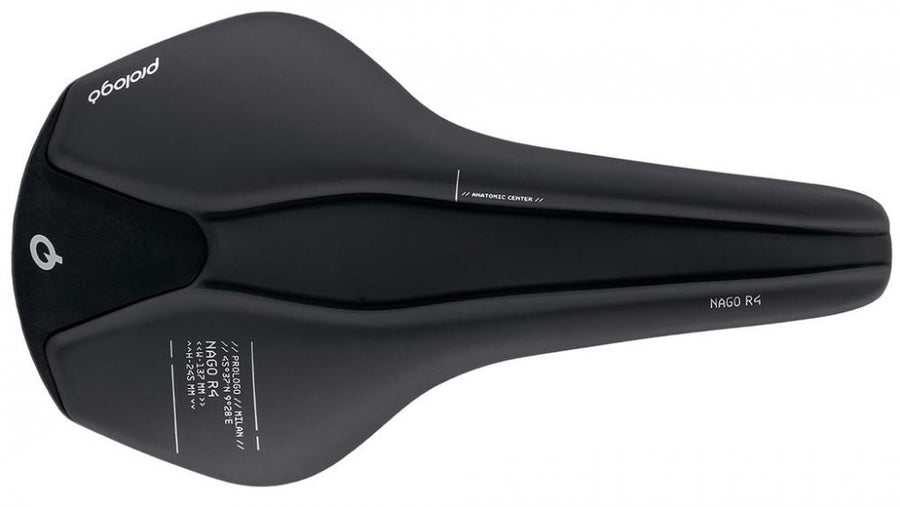 Schwarzer Prologo Nago R4 Fahrradsattel, 137 mm Breite, von oben fotografiert.