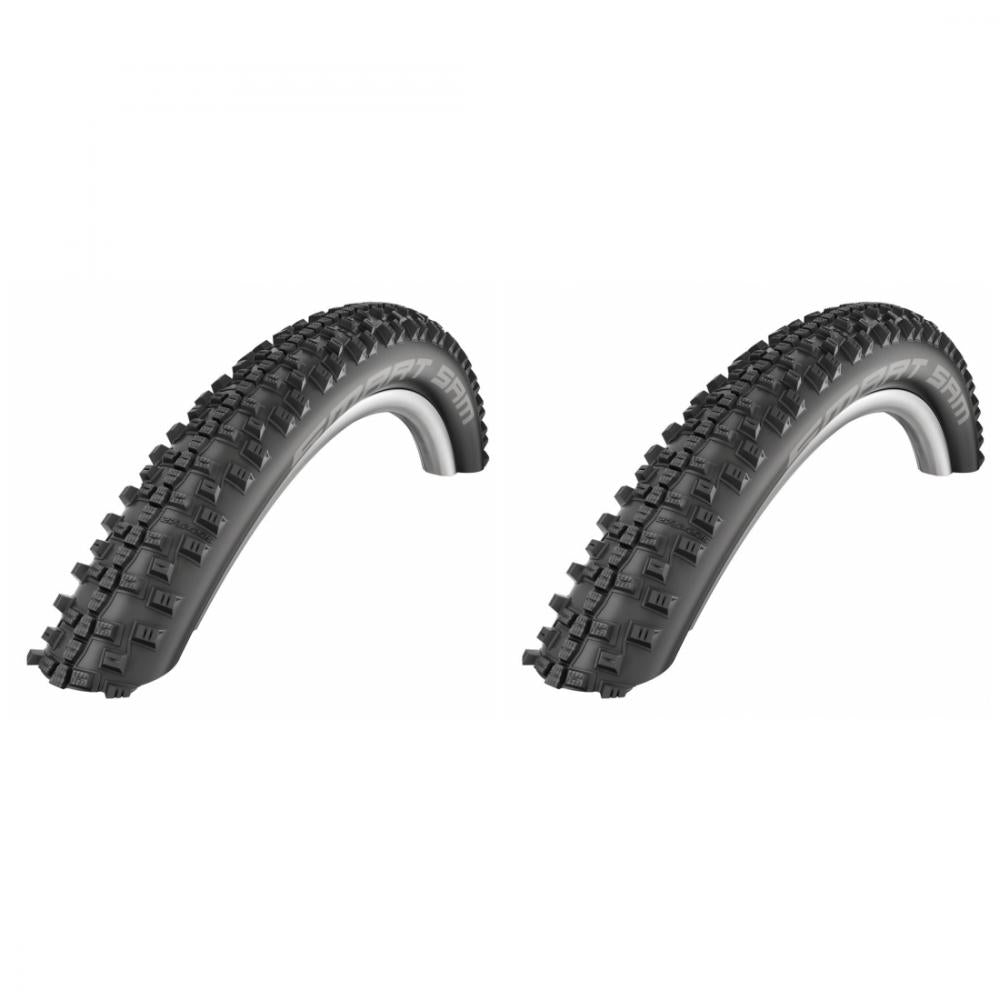 Zwei Schwalbe Smart Sam Drahtreifen 26x2.25 für Mountainbikes mit grobem Stollenprofil.