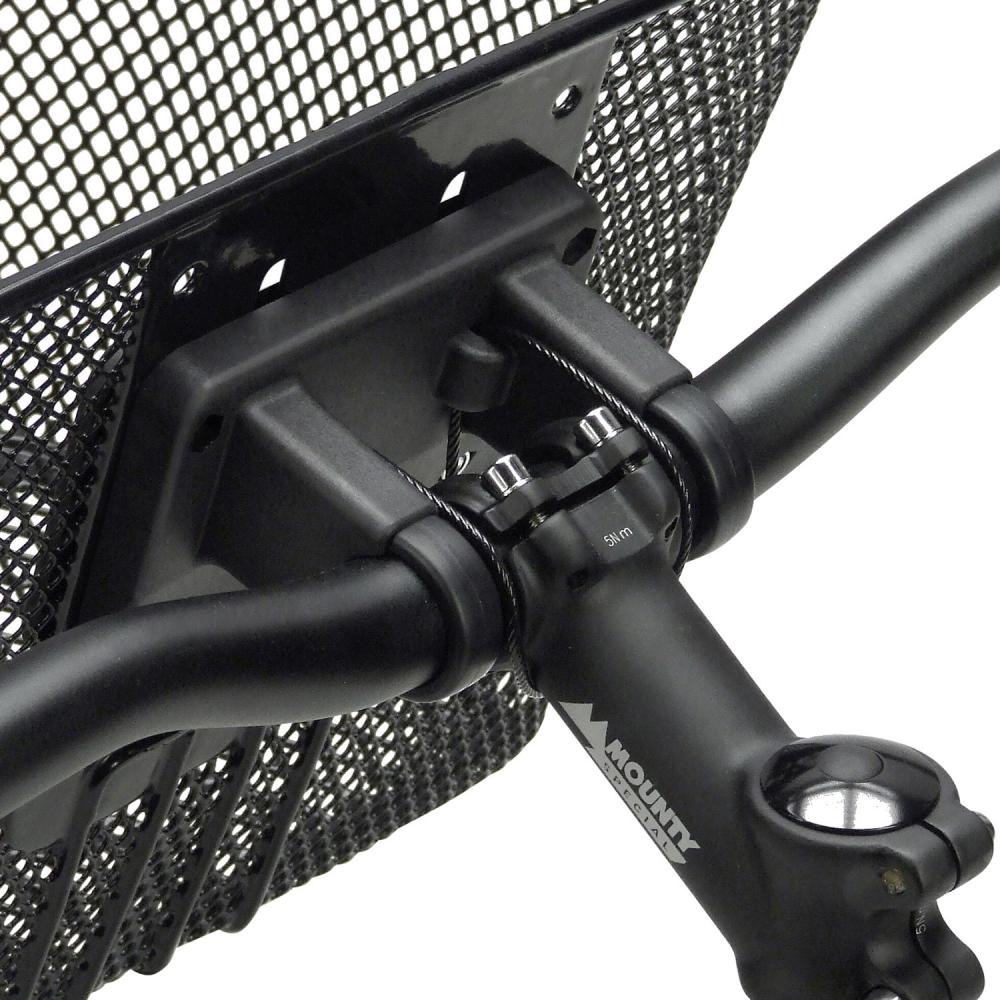 Rixen & Kaul KLICKfix Festkorbhalter 0211B mit schwarzem Adapter, permanent am Fahrradlenker montiert.