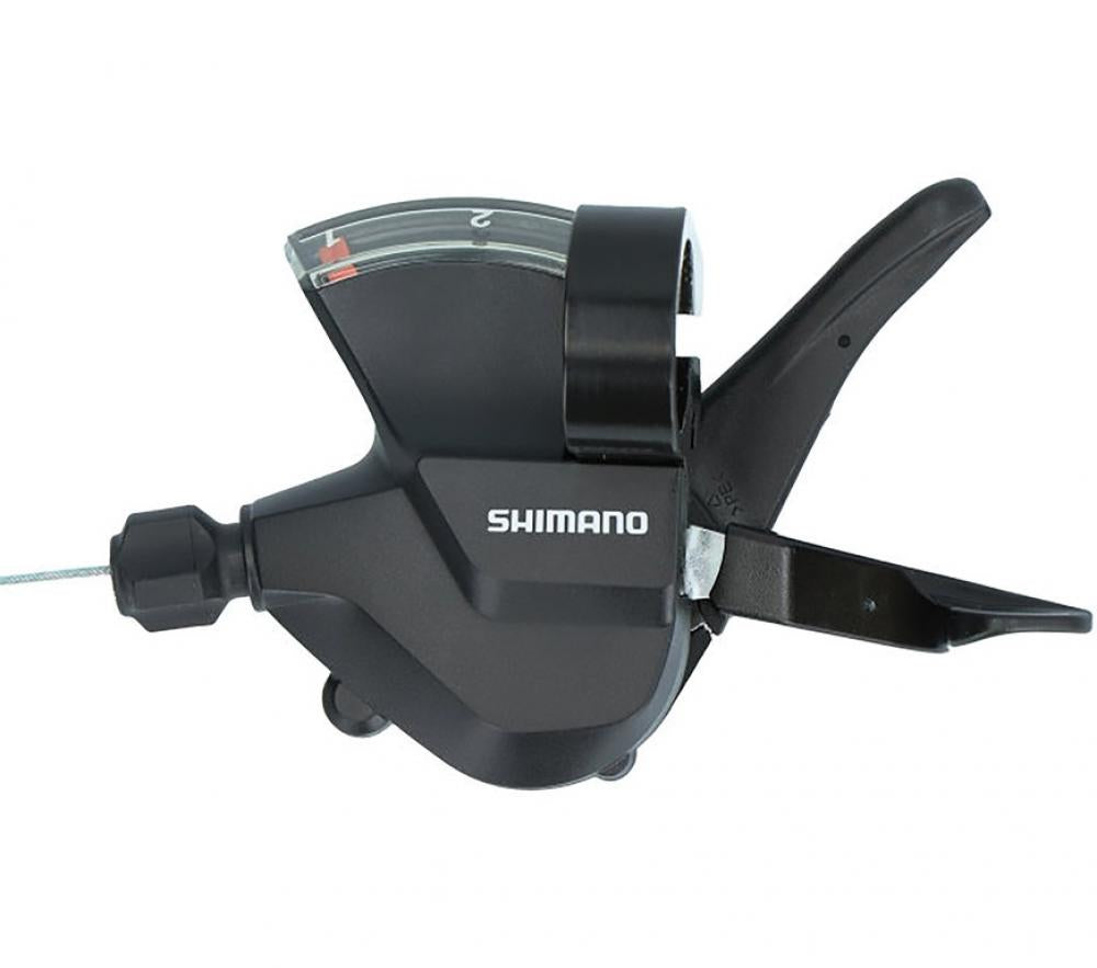 Schwarzer Shimano Altus SL-M315 2-fach Rapidfire Plus Fahrrad-Schalthebel mit Ganganzeige.