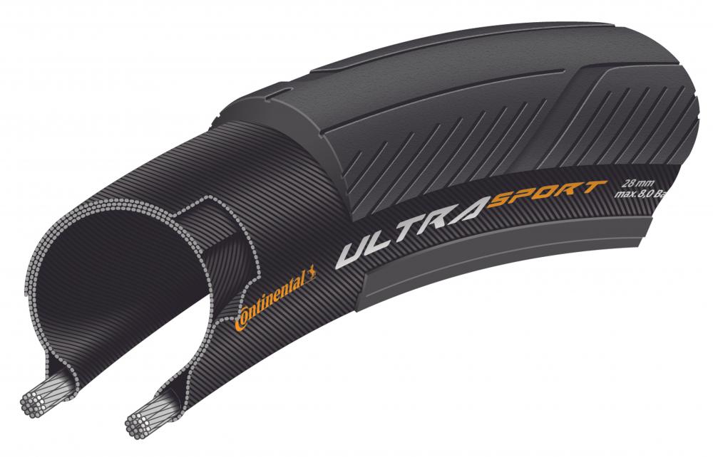 Continental Ultra Sport 3 Rennradreifen 28mm, schwarz-skin Drahtreifen im Querschnitt.