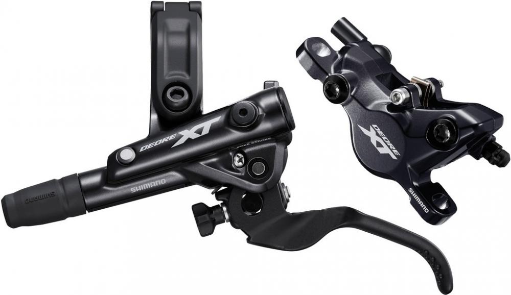 SHIMANO DEORE XT M8100 Vorderrad Scheibenbremse Set, Bremshebel und Bremssattel in Schwarz.