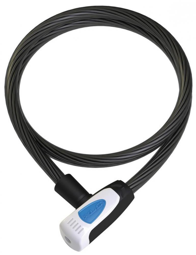XLC Kabelschloss Don Corleone III D 12mm 1200mm, schwarzes Spiralkabelschloss mit weiß-blauem Schlosskopf