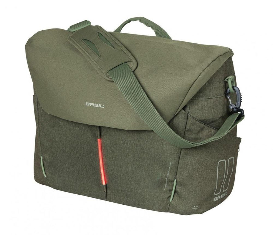 Olivgrüne Basil B-Safe Nordlicht Fahrrad-Bürotasche mit LED-Beleuchtung und Diebstahlschutz.