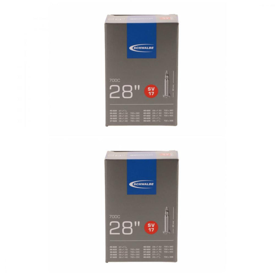 Zwei Schwalbe SV17 Fahrradschläuche für 28 Zoll Reifen mit 40mm Sclaverandventil im Set für 1.10 bis 1.75 Zoll Breite.