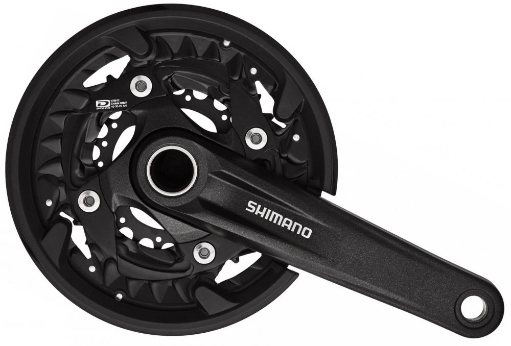 Schwarze Shimano FC-MT500 10-fach Kurbelgarnitur mit 40-30-22 Zähnen.