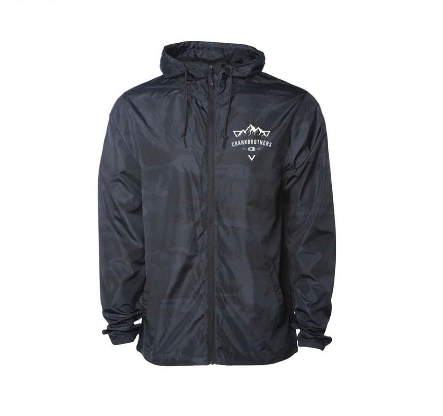 Crankbrothers Mountain Windbreaker Range Herren M schwarz Fahrradjacke mit Logo und Camouflage-Muster.