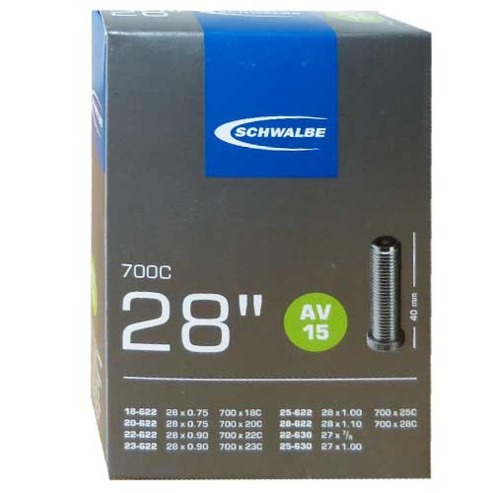 Schwalbe Fahrradschlauch AV15 28 Zoll 40mm Ventil Verpackung mit 700C und Größenübersicht