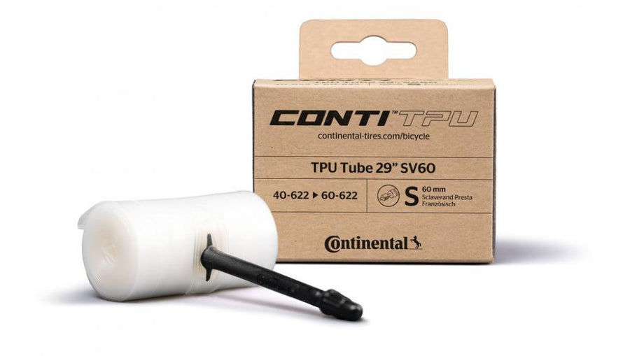Continental TPU Schlauch 29 Zoll SV60 (40-60/622) ultraleicht & langlebig, mit Verpackung und aufgerolltem Schlauch.