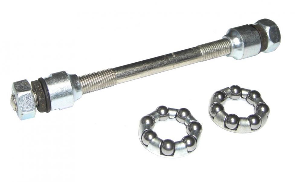 Import VR-Achse 133mm FG 7,9mm gekontert, mit zwei Fahrrad-Kugelkäfiglagern auf weißem Hintergrund.