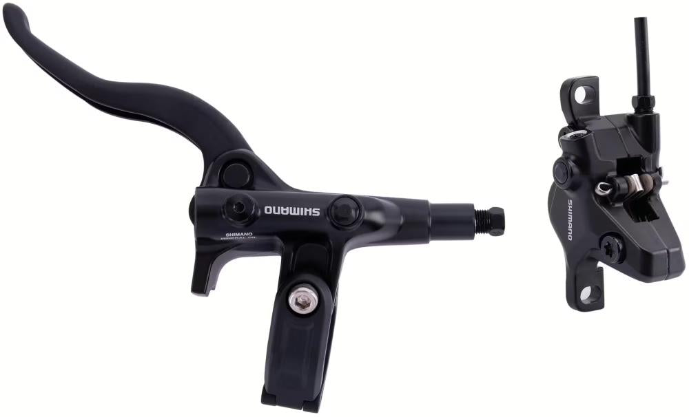 Schwarze SHIMANO M4100/MT410 Scheibenbremse für MTB, Vorderrad-Bremsanlage mit Bremshebel und Bremssattel.