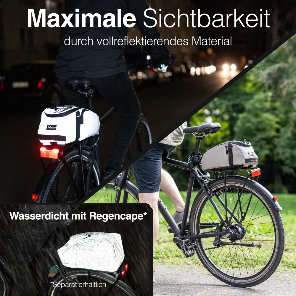 Valkental Gepäckträgertasche reflektierend am Fahrrad bei Nacht und Tag, mit Rucksackfunktion und Regencape.