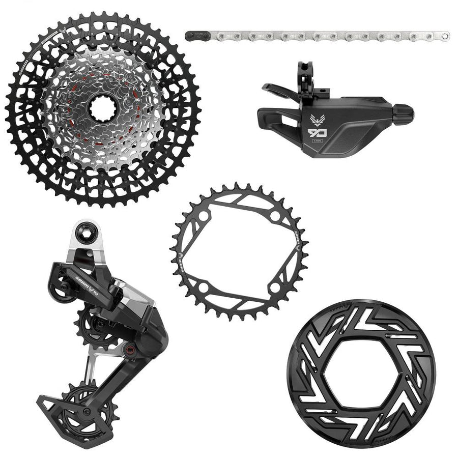 SRAM Eagle 90 T-Type E-MTB Schaltkit ohne Kurbelarme: Kassette, Kette, Schaltwerk, Schalthebel, Kettenblatt.