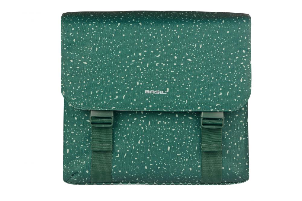 Grüne Basil Flair Doppelpacktasche mit MIK System für Hinterrad, gesprenkeltes Design.