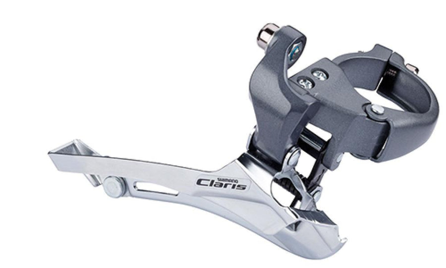 Silberner und grauer SHIMANO Claris FD-R2000 8-fach Umwerfer mit Schelle hoch 34,9 mm für Rennräder.