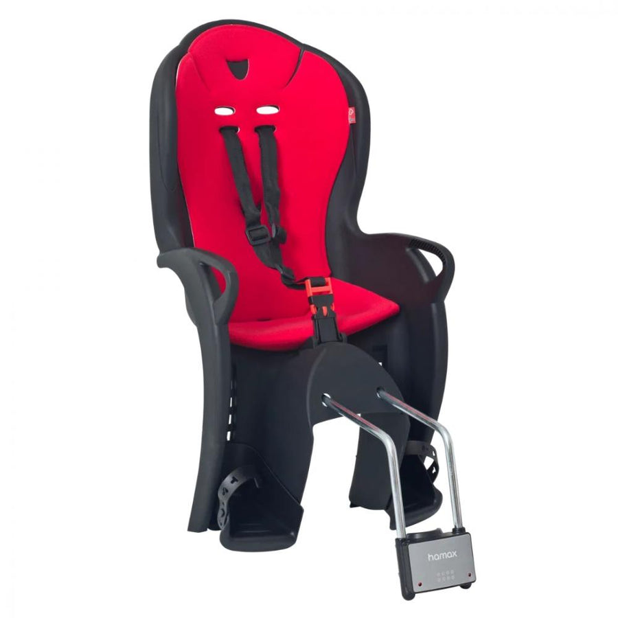 Hamax Kiss Fahrrad-Kindersitz in Schwarz-Rot für die Rahmenmontage mit Sicherheitsgurt und Fußstützen.