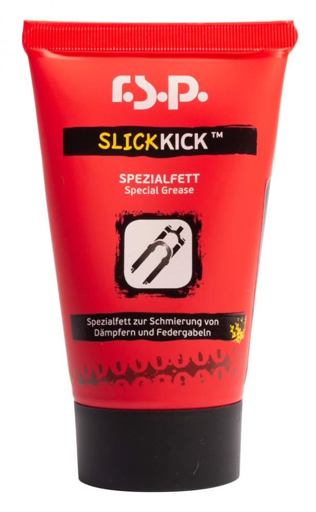 r.s.p. Slick Kick lithiumfreies Gabelfett 50g für Federgabeln und Dämpfer auf roter Tube.