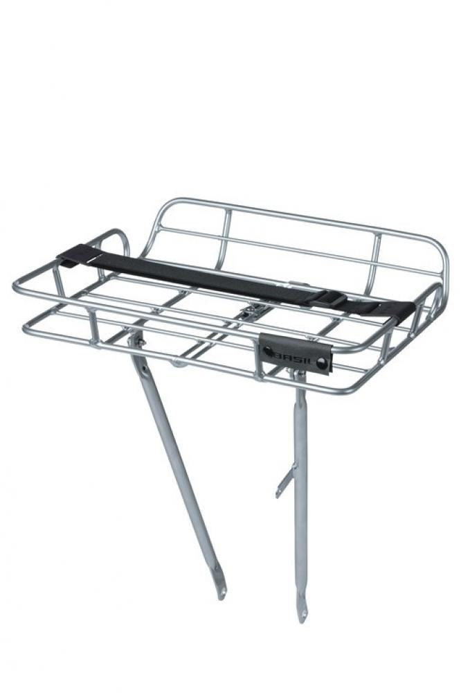Silberner Basil Portland Aluminium Fahrrad-Vorderradgepäckträger mit schwarzem Spanngurt und Stützen für 26-28 Zoll Räder.