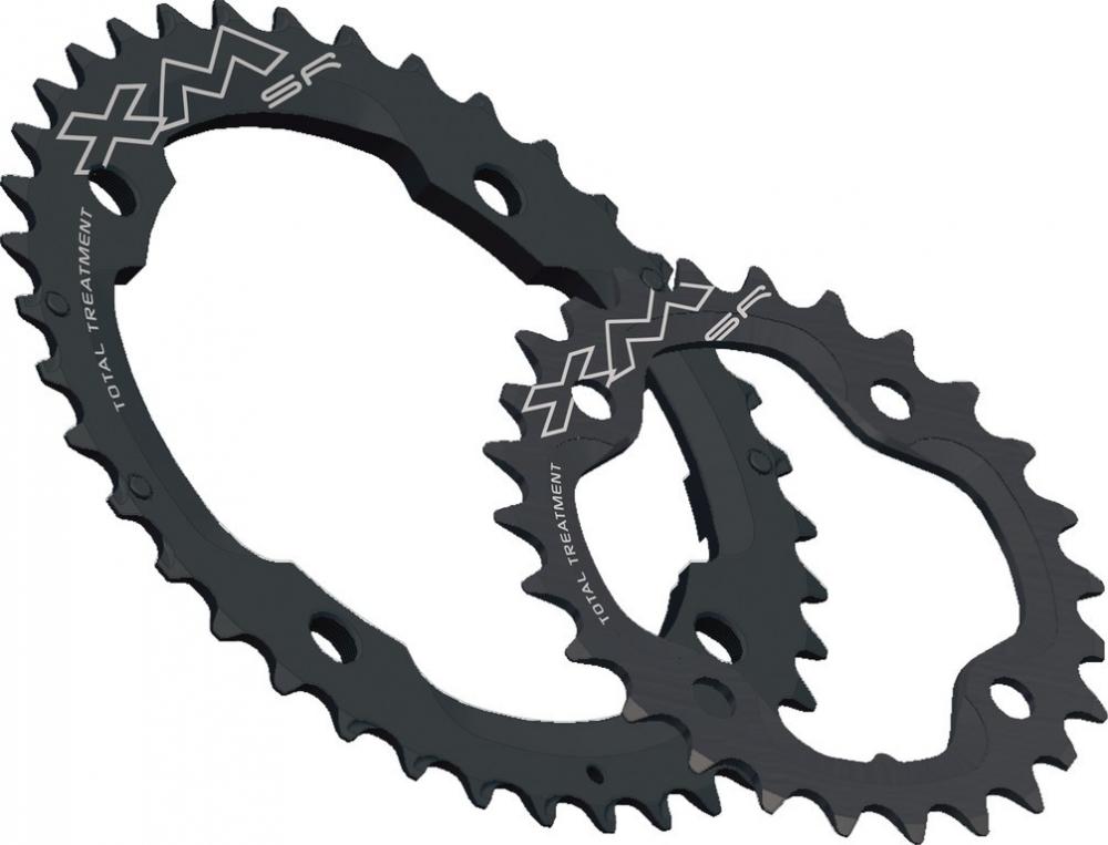 Zwei schwarze Miche MTB Kettenblätter XM TT SR, außen 40 Zähne, 10-fach.