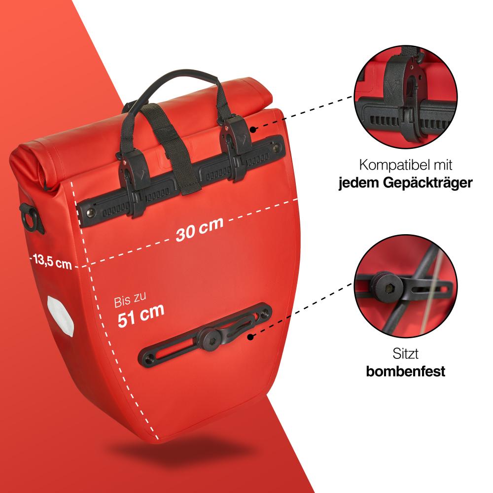 Valkental ValkBasic rote Gepäckträgertasche 20L, wasserdicht, universell passend für jeden Fahrrad-Gepäckträger.