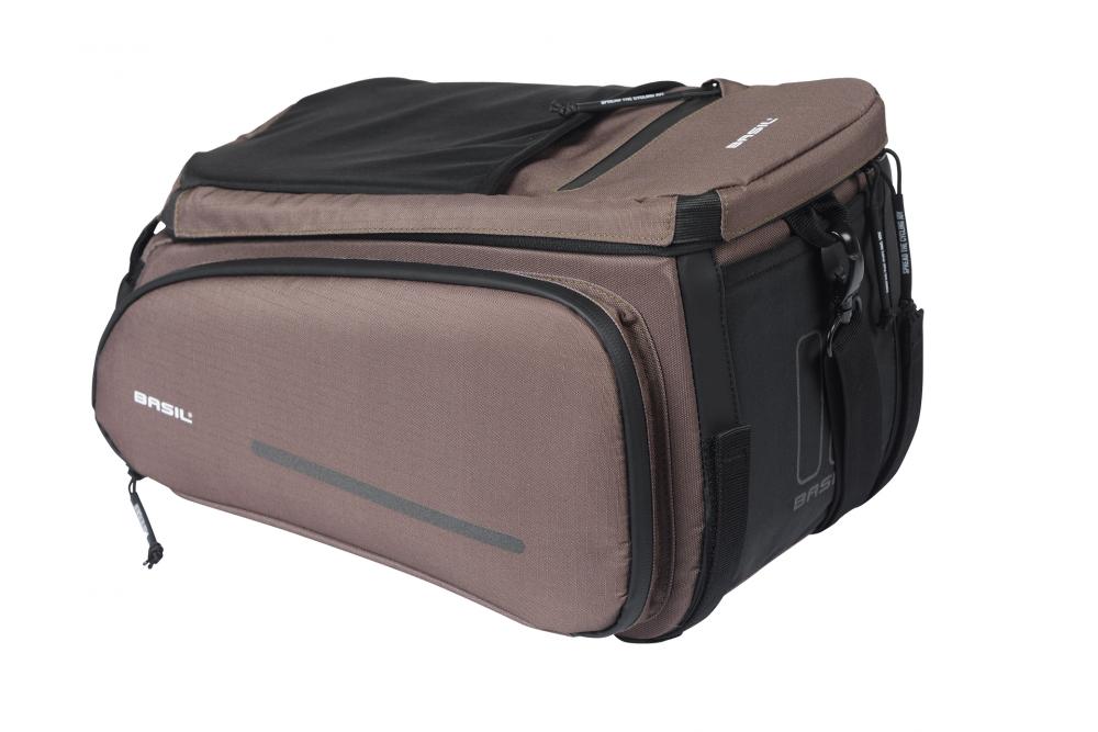 Basil Move Gepäckträgertasche 10-26 Liter Brau­n - recyceltes Polyester, MIK-Befestigung, erweiterbar, reflektierend